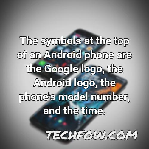 the symbols at the top of an android phone are the google logo the android logo the phone s model number and the time