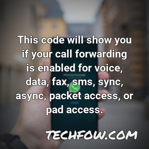 this code will show you if your call forwarding is enabled for voice data fax sms sync async packet access or pad access