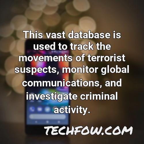 this vast database is used to track the movements of terrorist suspects monitor global communications and investigate criminal activity
