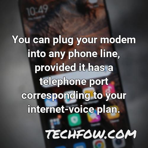 you can plug your modem into any phone line provided it has a telephone port corresponding to your internet voice plan